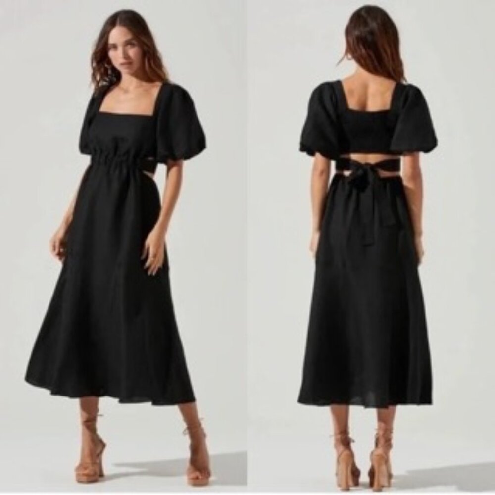 Astr The Label Linen Angeles Puff Sleeve Cutout Midi Dress Square Neck Black